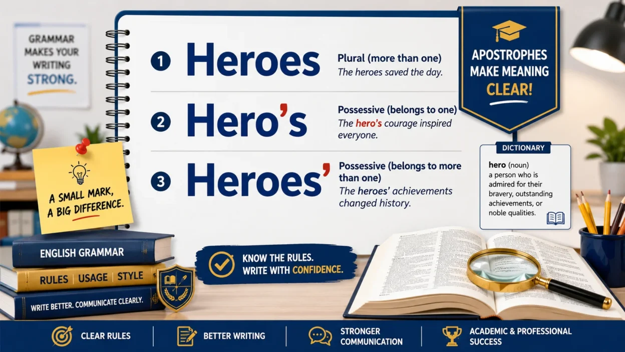 Heroes vs Hero's vs Heroes' grammar guide showing plural and possessive forms with apostrophe rules.