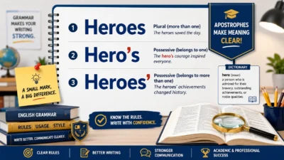 Heroes vs Hero's vs Heroes' grammar guide showing plural and possessive forms with apostrophe rules.