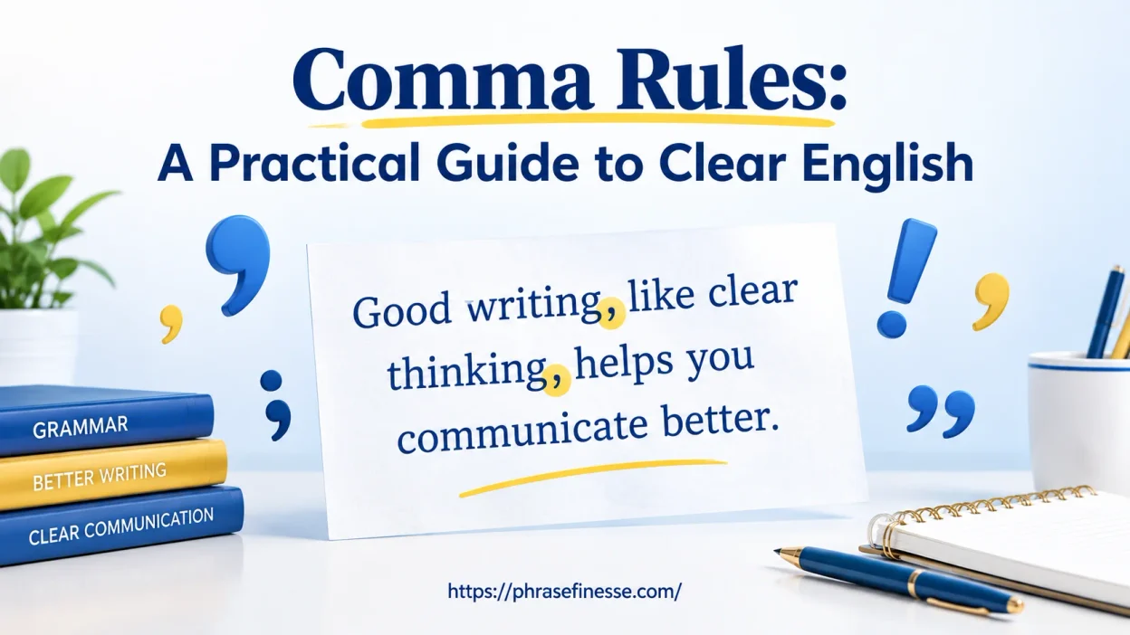 Comma Rules Explained blog header showing punctuation marks and clean typography design.