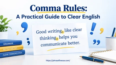 Comma Rules Explained blog header showing punctuation marks and clean typography design.