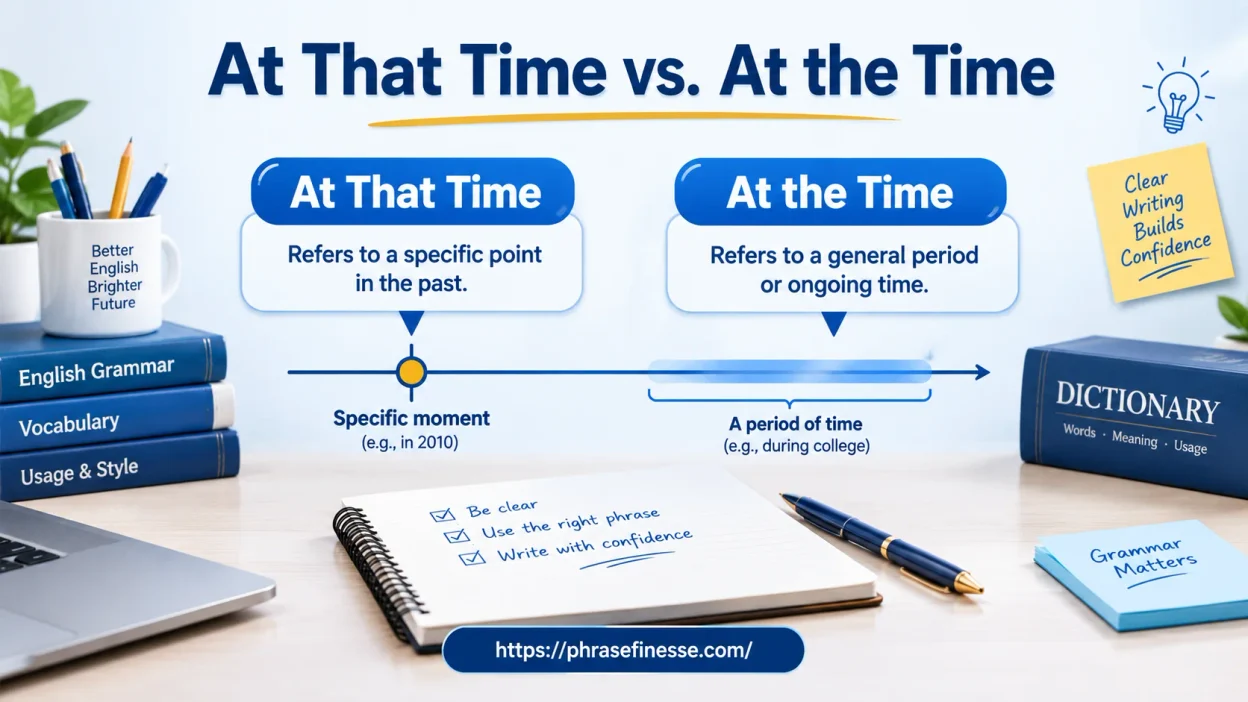 At That Time vs At the Time grammar comparison showing differences in meaning, usage, and English grammar rules.