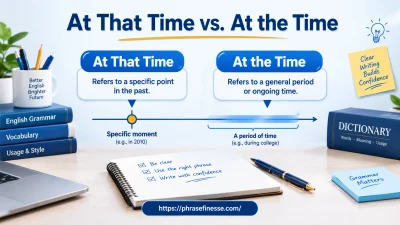 At That Time vs At the Time grammar comparison showing differences in meaning, usage, and English grammar rules.