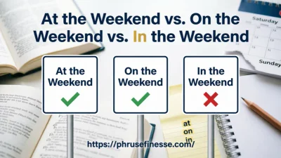 At the Weekend vs. On the Weekend vs. In the Weekend grammar comparison showing correct and incorrect English preposition usage.