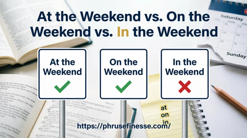 At the Weekend vs. On the Weekend vs. In the Weekend grammar comparison showing correct and incorrect English preposition usage.