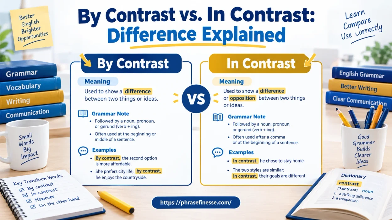 By Contrast vs In Contrast grammar comparison chart showing the difference between the two English transition phrases with examples.