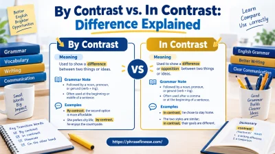 By Contrast vs In Contrast grammar comparison chart showing the difference between the two English transition phrases with examples.