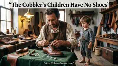The Cobbler's Children Have No Shoes proverb illustrated with a shoemaker crafting footwear while his own child lacks shoes.