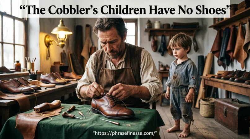 The Cobbler's Children Have No Shoes proverb illustrated with a shoemaker crafting footwear while his own child lacks shoes.