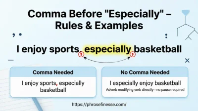 Especially comma rules chart showing when to use a comma before especially with grammar examples and sentence comparisons.