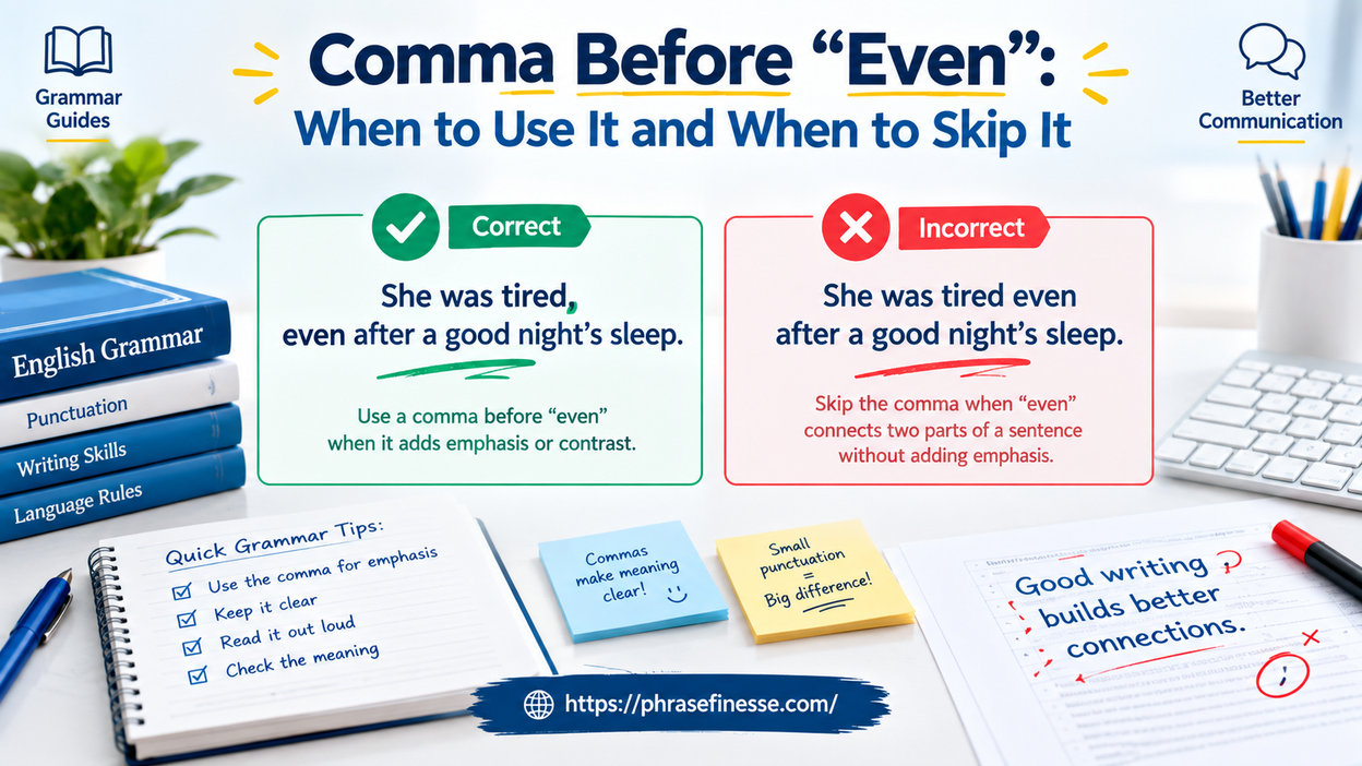 Comma before even grammar guide showing correct and incorrect punctuation examples with editing marks and English writing rules.