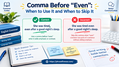 Comma before even grammar guide showing correct and incorrect punctuation examples with editing marks and English writing rules.