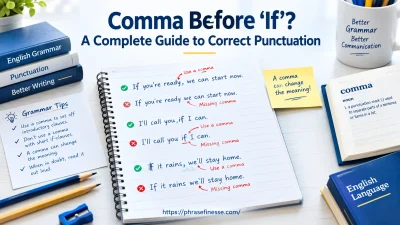 Comma before if grammar guide showing punctuation rules, sentence examples, and English writing corrections.