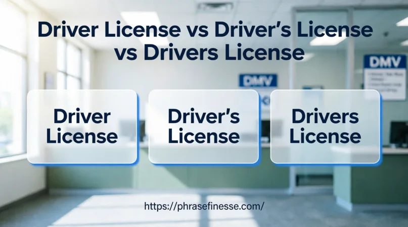 Comparison of driver’s license spelling variations shown on digital cards in a professional DMV-style interface.