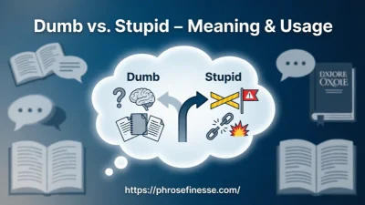 Difference between dumb vs stupid showing meanings, usage, judgment versus knowledge, and English language examples.