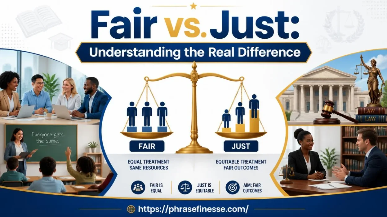 Fair vs. Just comparison illustration showing fairness, justice, equality, equity, and legal decision-making concepts.