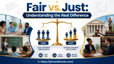 Fair vs. Just comparison illustration showing fairness, justice, equality, equity, and legal decision-making concepts.
