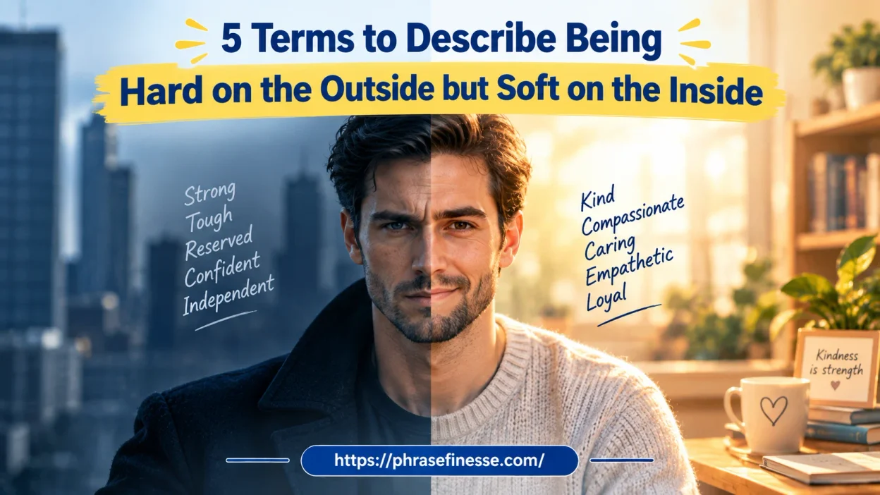Person with a tough exterior and kind heart illustrating terms that describe being hard on the outside but soft on the inside.