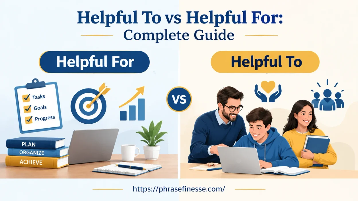 Helpful To vs Helpful For comparison chart showing differences in usage with examples for grammar learning.