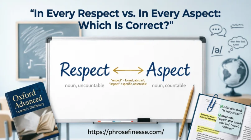 In Every Respect vs. In Every Aspect grammar comparison guide showing the difference between respect and aspect in English usage.