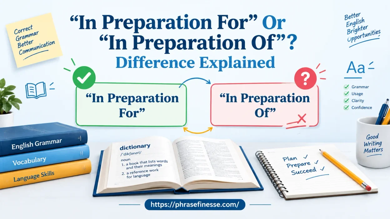 “In Preparation For” Or “In Preparation Of” grammar comparison showing the correct English usage and preposition differences.