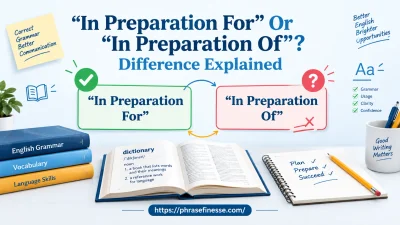 “In Preparation For” Or “In Preparation Of” grammar comparison showing the correct English usage and preposition differences.