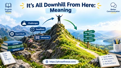 It’s All Downhill From Here meaning and origin illustrated with a mountain climb transitioning from challenges to easier progress.