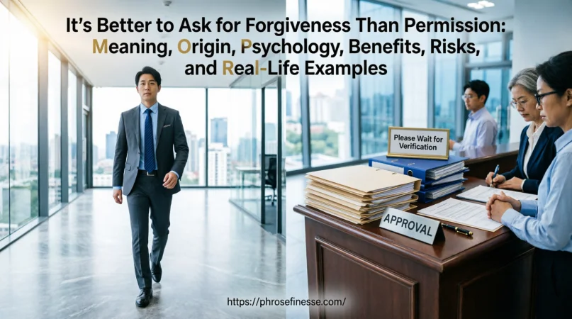 It’s Better to Ask for Forgiveness Than Permission meaning, origin, benefits, risks, and real-life examples illustrated in a professional business setting.