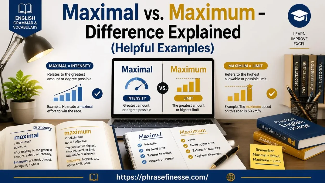 Maximal vs. Maximum grammar comparison showing the difference between maximal and maximum with examples and educational visuals.
