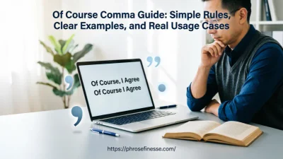 Of Course comma guide showing comma rules, examples, and punctuation usage
