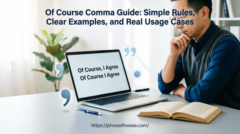 Of Course comma guide showing comma rules, examples, and punctuation usage