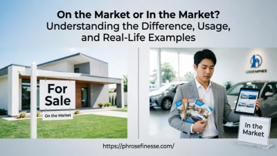 On the Market or In the Market comparison showing seller and buyer perspectives with real estate examples.