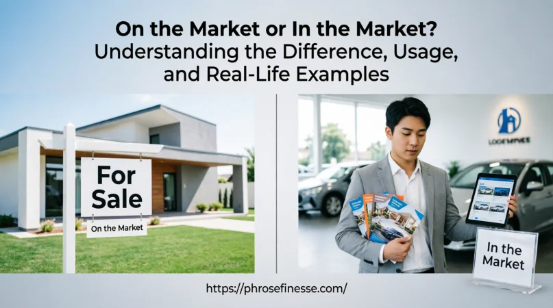 On the Market or In the Market comparison showing seller and buyer perspectives with real estate examples.