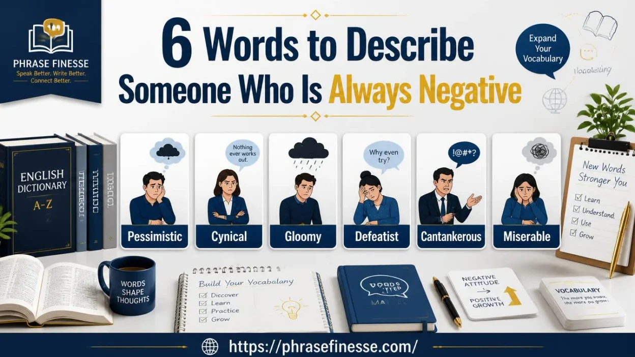 words to describe someone who is always negative including pessimistic, cynical, gloomy, defeatist, cantankerous, and miserable