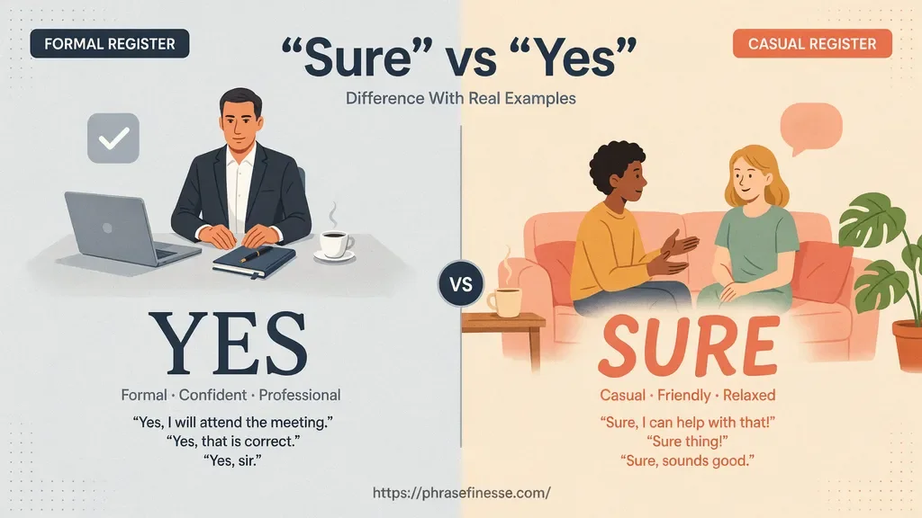 Sure vs Yes difference comparison infographic showing formal vs informal communication examples.