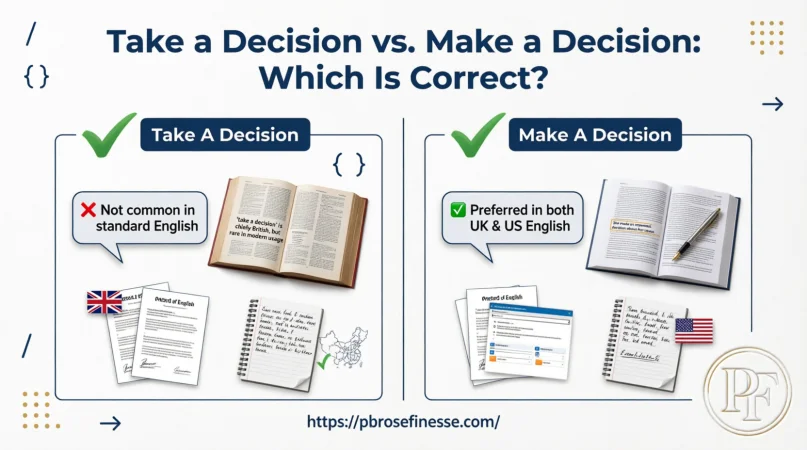 Take A Decision vs. Make A Decision comparison showing the difference between British and American English usage.