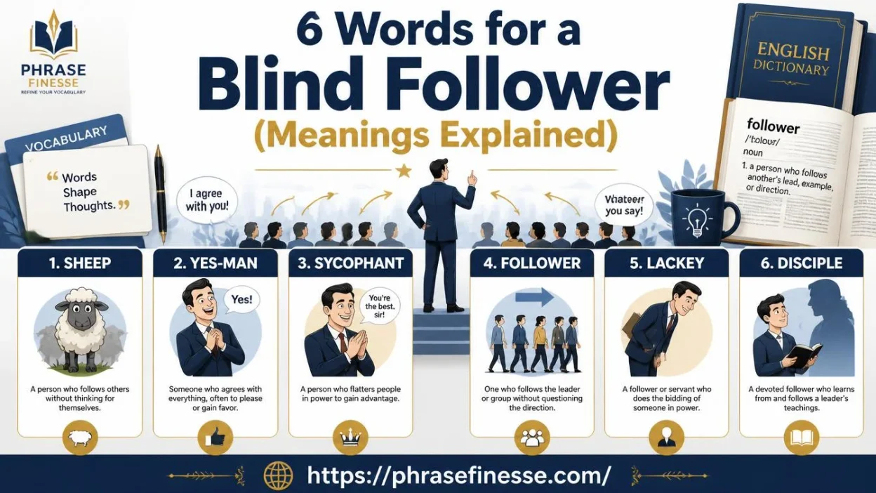 words that describe a blind follower including sheep, yes-man, sycophant, follower, lackey, and disciple explained in an English vocabulary guide