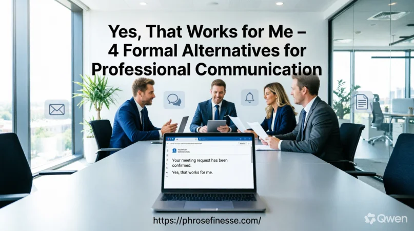 Professional communication illustration showing formal alternatives to “Yes, That Works for Me” in a business email setting.